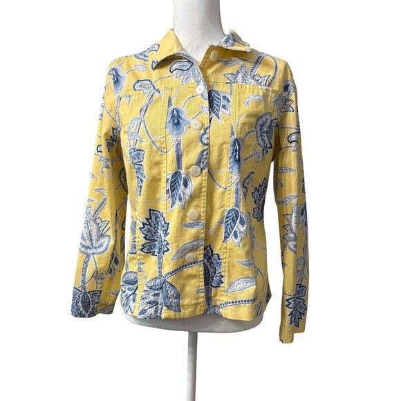 Appleseeds Yellow & Blue Floral Print Button-Up Jacket Womens Size L - Picture 1 of 11
